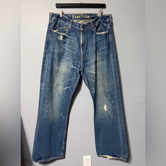 NWOT Abercrombie EZRA FITCH Jeans Mens 34X32 Bootcut Distressed Dark Wash Denim - Picture 1 of 8